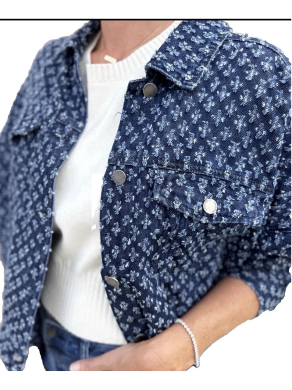 Liverpool Eco Denim Jacket Small Blue Floral Button Up Pockets Long Sleeve EUC